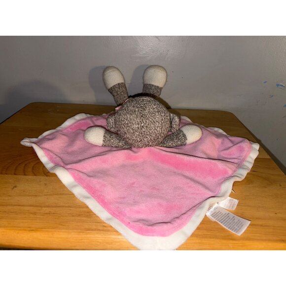 Sock Monkey Baby Starters Lovey Blanket With Pink Satin Back & Plush Knit Monkey - Picture 4 of 8